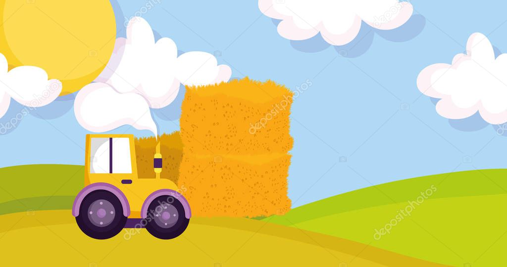 forklift with stacked hay meadow sun farm animal cartoon