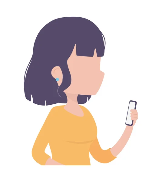Jeune femme personnage en utilisant smartphone appareil numérique — Image vectorielle