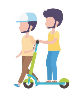 Elektrikli scooter 'ı olan genç bir adam.