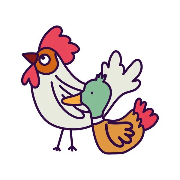 Dibujos animados de animales de granja de gallo y pato — Vector de stock