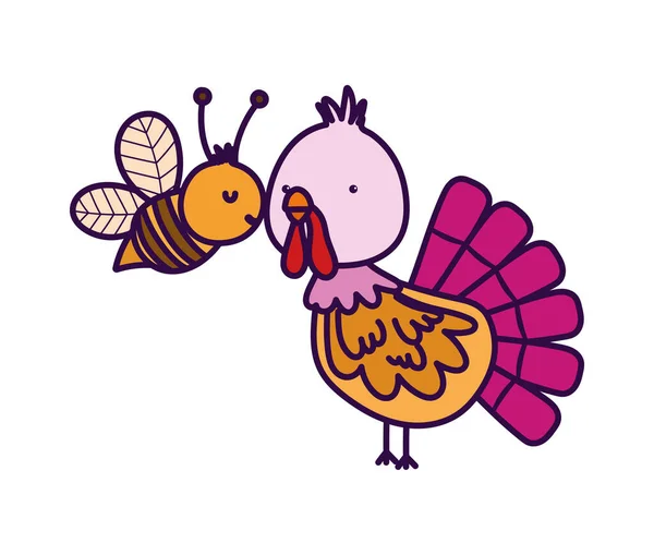 Turkey and bee farm animal cartoon — Stockvector