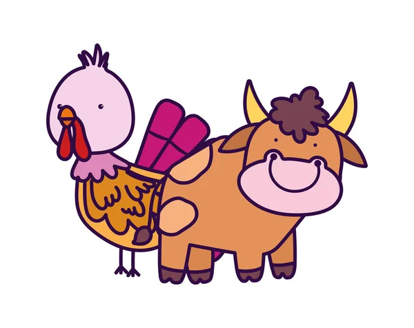 Bull and turkey farm animal cartoon — Διανυσματικό Αρχείο