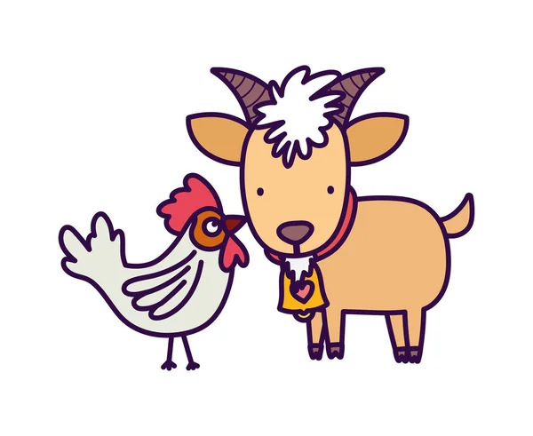 Dibujos animados de animales de granja de cabra y gallo — Vector de stock