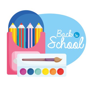 Okula geri dön. Renkli kalemler kutuda ve palet renkli fırça sanatında.