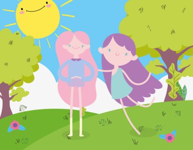 happy valentines day, cute young woman and funny cupid field flowers trees sun