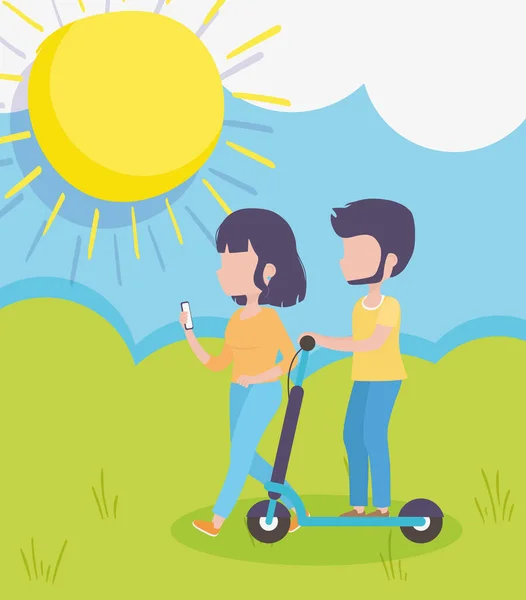 Giovane uomo guida scooter elettrico e donna con smartphone all'aperto stile di vita sano — Vettoriale Stock
