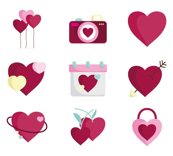 Heureux Saint Valentin, amour coeur romantique sentiment émotion icônes ensemble — Image vectorielle