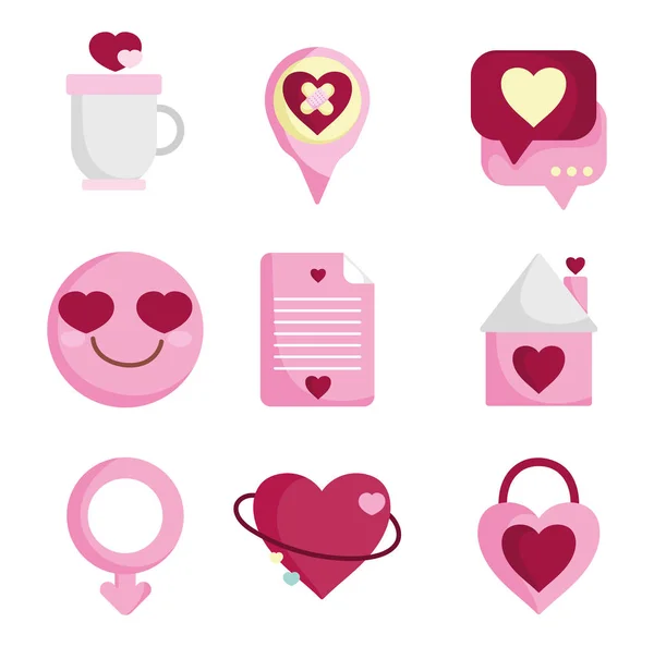 Feliz dia dos namorados, amor coração romântico sentimento emoção ícones conjunto — Vetor de Stock