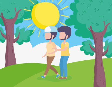 Genç erkekler çim biçer güneş gökyüzü ağaçlarını bulutlar