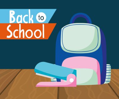 Okul eğitim zımbası ve sırt çantası ahşap masa