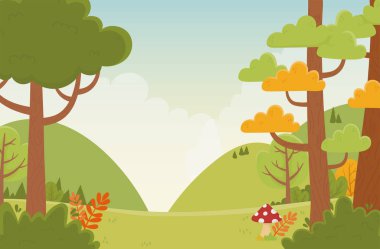 Peyzaj tepeleri, ağaçlar, mantar tarlası, doğa bitki örtüsü arka planı.