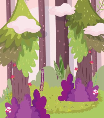 Ağaçlar çalılar mantarlar bulutlar doğa yeşillik teması