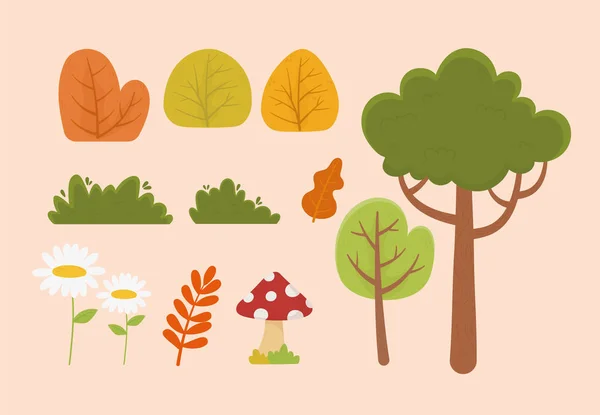 Příroda listí strom květ houba list keř vegetace ikony — Stockový vektor