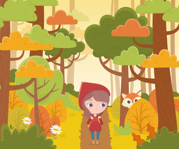 Pequeña capucha roja caminando en el bosque y lobo viendo dibujos animados de cuento de hadas — Vector de stock