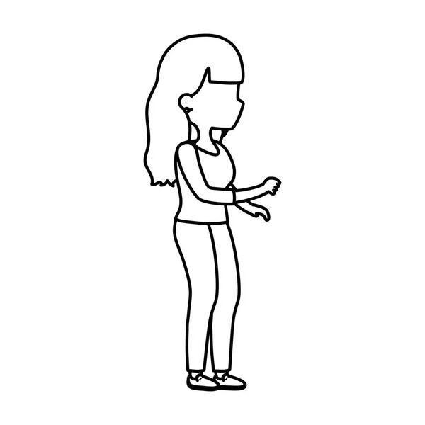 Jeune femme dessin animé personnage vue de côté ligne épaisse — Image vectorielle