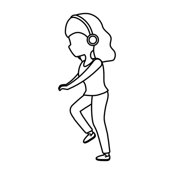Молода жінка з навушниками слухає музику товстої лінії — стоковий вектор