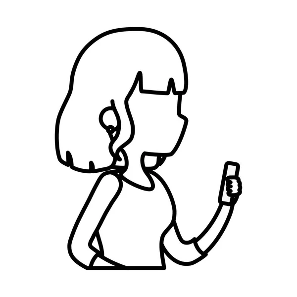 Akıllı telefon aygıtı dijital kalın çizgi kullanan genç kadın karakter — Stok Vektör