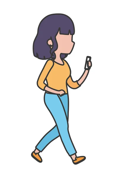 Personagem jovem mulher usando dispositivo de smartphone digital —  Vetores de Stock