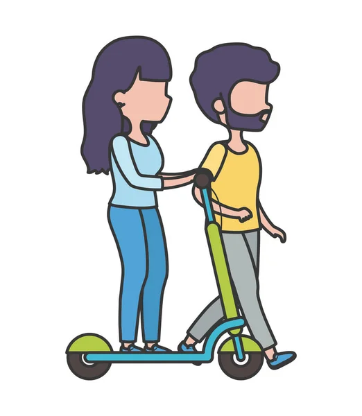 Giovane uomo e donna guida scooter elettrico stile di vita sano — Vettoriale Stock