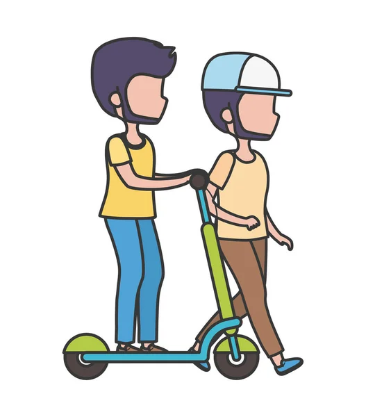 Giovane con scooter elettrico e camminare erba natura — Vettoriale Stock