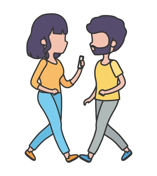 Jeune homme et femme marchant avec smartphone — Image vectorielle