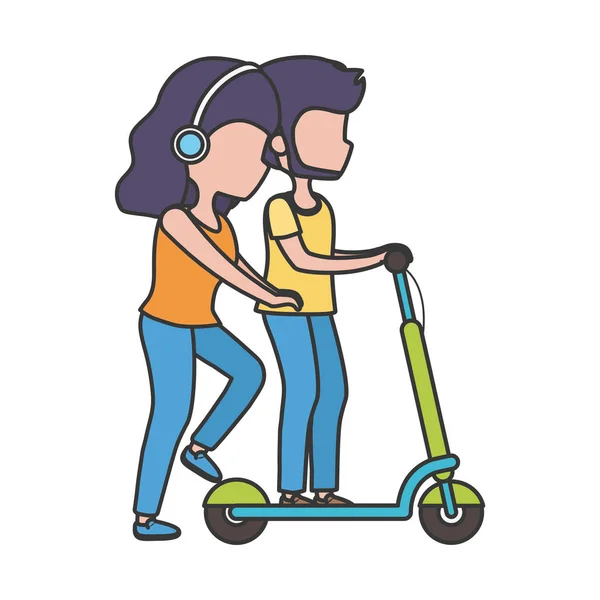Jeune homme équitation scooter électrique et femme avec smartphone en plein air mode de vie sain — Image vectorielle