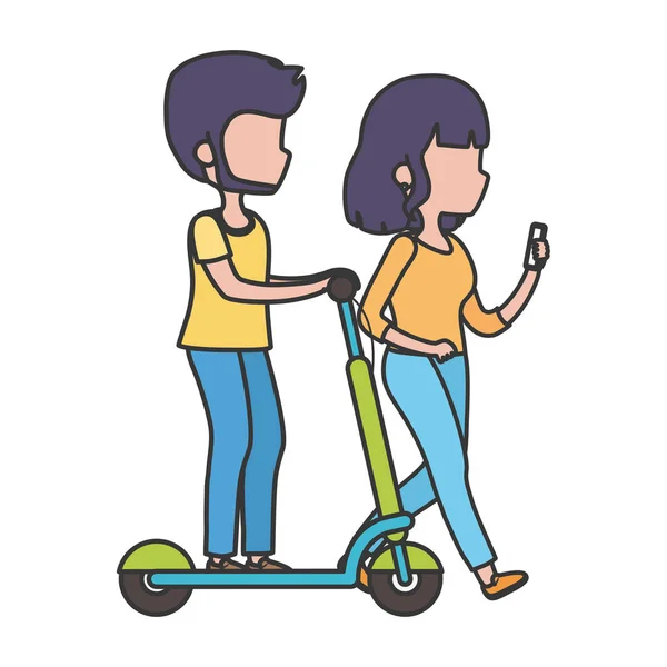 Jeune homme équitation scooter électrique et femme avec smartphone en plein air mode de vie sain — Image vectorielle