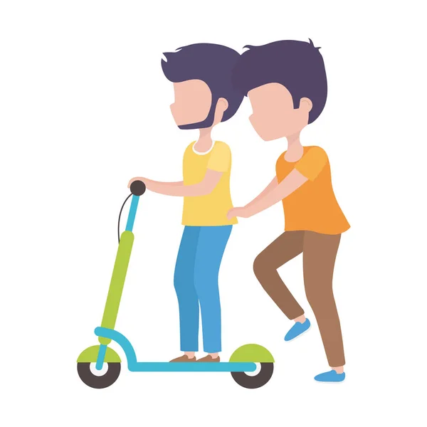 Giovani uomini con scooter elettrico personaggi dei cartoni animati — Vettoriale Stock