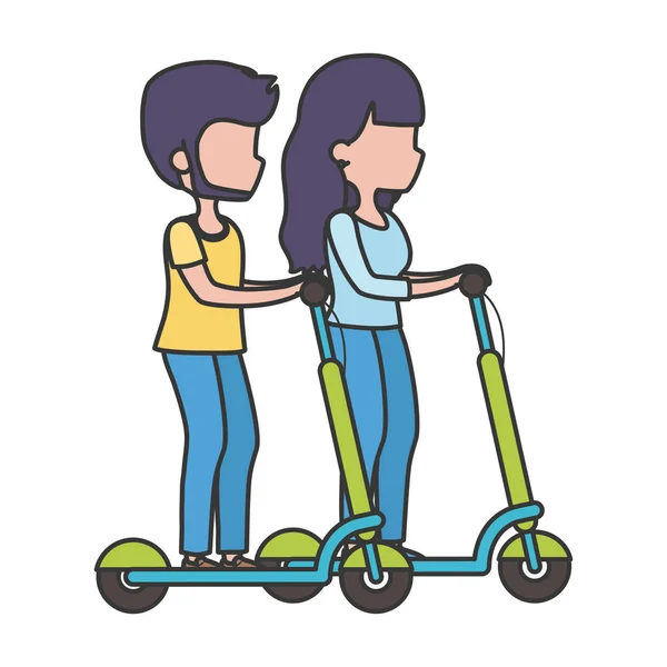 Young women riding electric scooter with headphones — Stock Vector