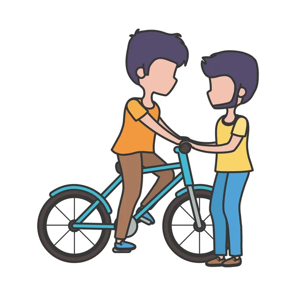 Junge Männer mit Fahrradtransport-Comicfigur — Stockvektor