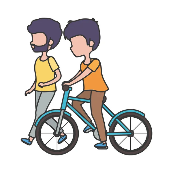 Homens jovens andando e andando de bicicleta de transporte — Vetor de Stock