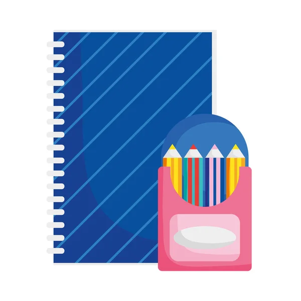 De volta ao caderno de educação escolar e lápis de cor na caixa — Vetor de Stock
