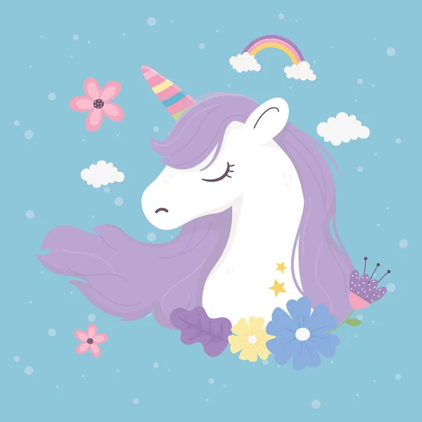 Licorne fleurs nuages décoration fantaisie magie rêve mignon dessin animé — Image vectorielle