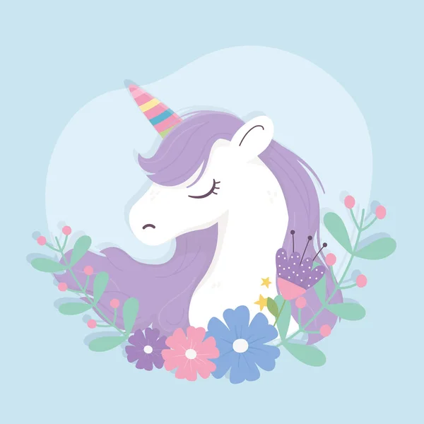 Unicorn rainbow horn dan flowers fantasi magic dream cute cartoon - Stok Vektor