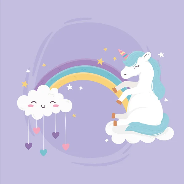 Licorne assis sur un nuage arc-en-ciel avec des coeurs fantaisie magie rêve dessin animé mignon — Image vectorielle