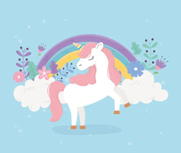Unicorn pink hair flowers rainbow fantasy magic dream cute cartoon - Stok Vektor