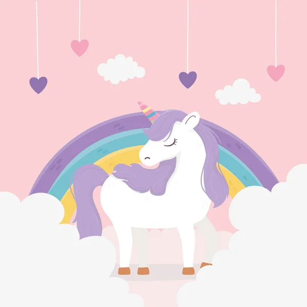 Unicorn hearts rainbow awan fantasi magic dream cute cartoon - Stok Vektor