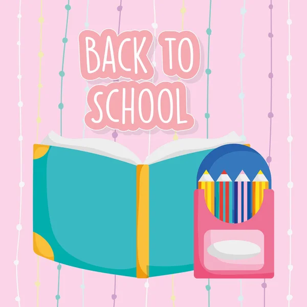 Voltar para a educação escolar livro aberto e lápis de cor na caixa — Vetor de Stock