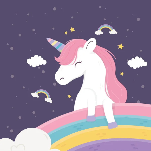 Happy unicorn rainbows awan star fantasy magic dream cute cartoon - Stok Vektor