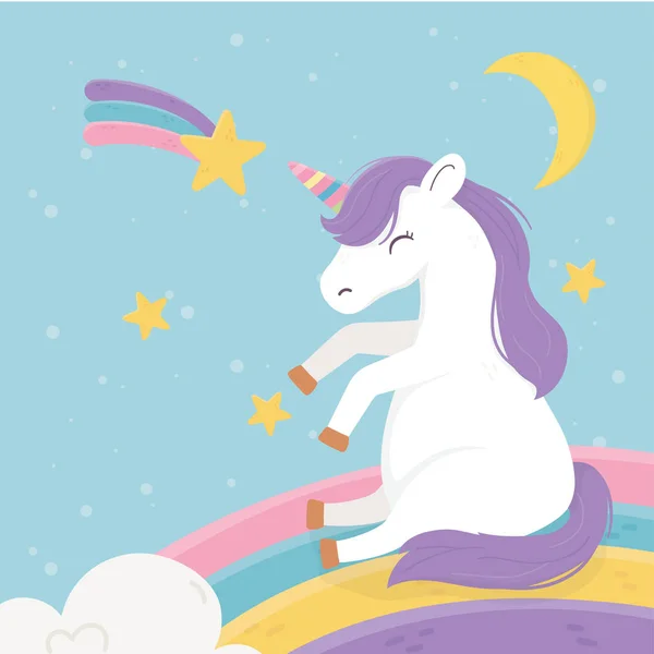 Unicorn on rainbow moon shooting star fantasy magic dream cute cartoon - Stok Vektor
