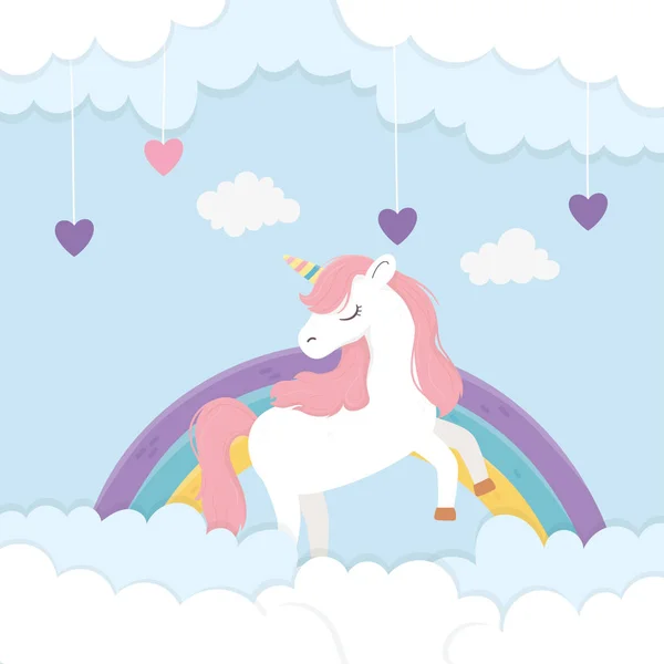 Cute unicorn pelangi dan hati cinta awan fantasi kartun mimpi - Stok Vektor