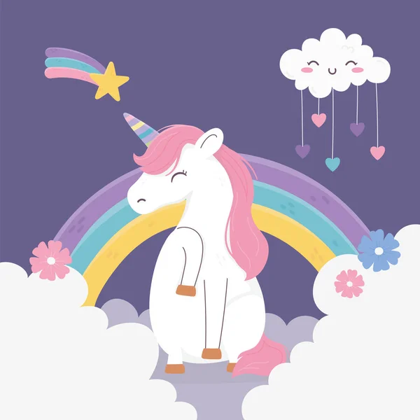 Unicorn menembak awan bintang hati pelangi awan fantasi mimpi ajaib kartun lucu - Stok Vektor