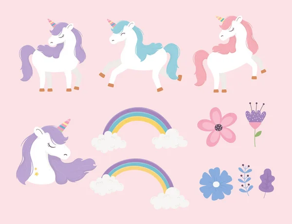 Unicorni arcobaleni fiori magico fantasia sogno carino cartone animato set — Vettoriale Stock