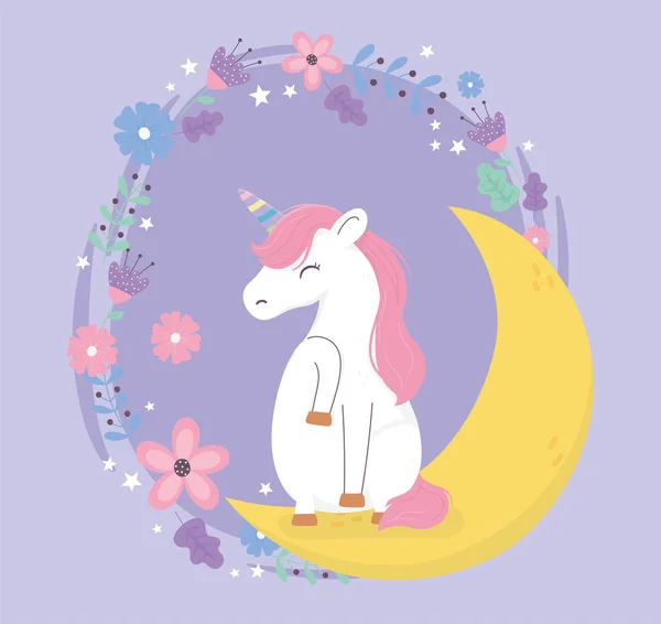 Unicorn duduk di bulan dengan bunga fantasi sihir lucu kartun - Stok Vektor