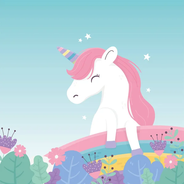 Unicorn flowers rainbow decoration fantasy magic dream cute cartoon - Stok Vektor