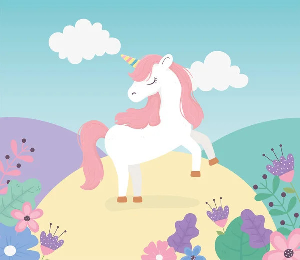 Unicorn meadow flowers nature fantasy magic cute cartoon — Stock Vector