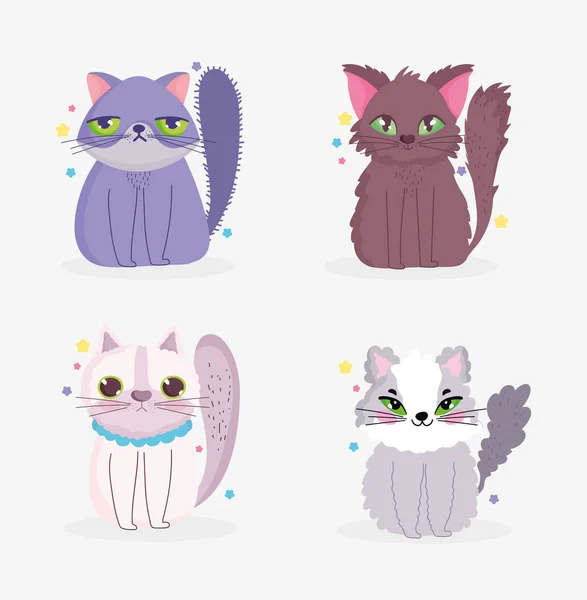 Gatos bonitos sentado animal de desenho animado doméstico, animais de estimação da coleção — Vetor de Stock