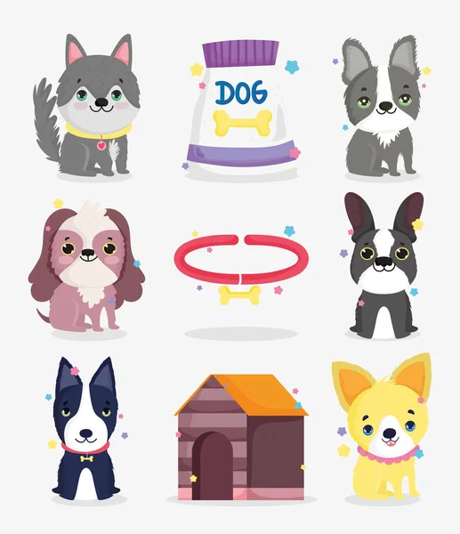 Drăguț câini mici rase guler câine animal de desene animate domestice, animale de companie de colecție — Vector de stoc