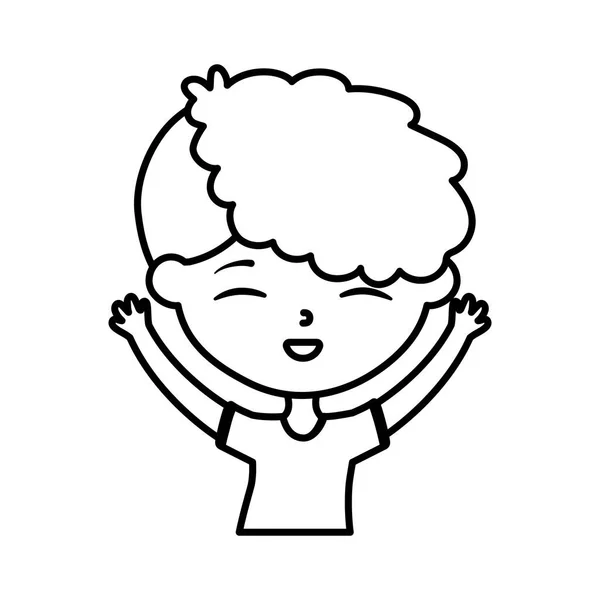 Happy childrens day, cute boy with hands up celebrating cartoon thick line — Stockový vektor