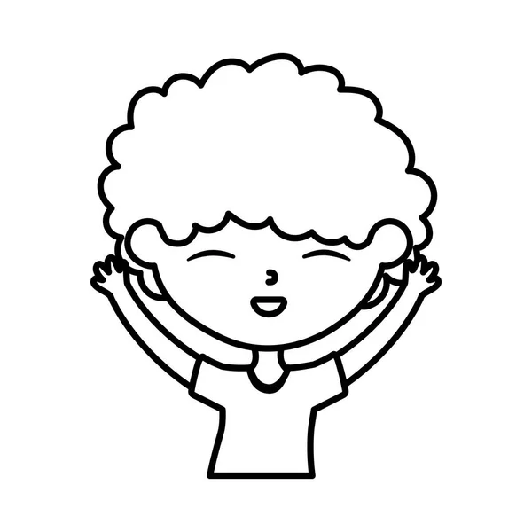 Feliz dia das crianças, menino bonito com as mãos para cima celebrando desenhos animados linha grossa — Vetor de Stock